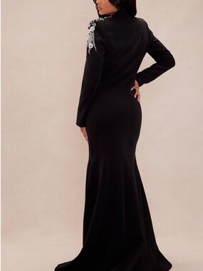 Black Long-Sleeve Maxi Dress with Shoulder Embellishment